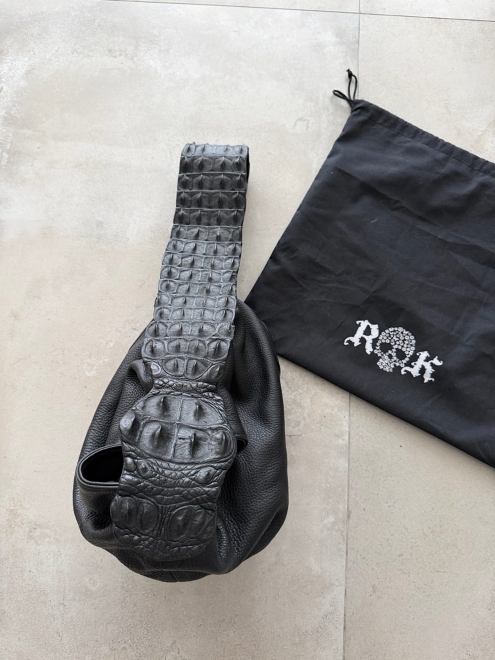 Black Real NEW Crocodile back strap with pebbled Leather body Bag by RK New York